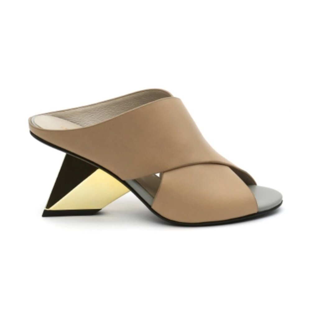 UNITED NUDE Beige leather sculptural mule‎ sandals with gold heel | Size 37